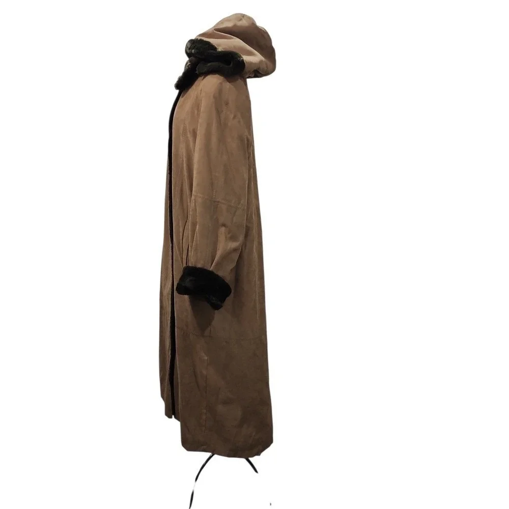 Utex Longline Coat Womens Medium Tan Faux Fur Lined Hooded Winter Warm Trench